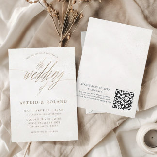 Convite Casamento Código QR Luxo Mínimo Dourado e Bege