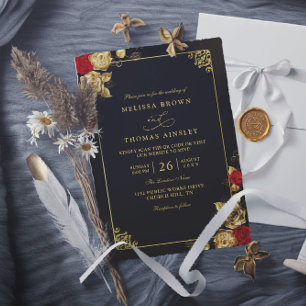 Convite Casamento Código QR Luxuoso Vermelho Dourado e Pre