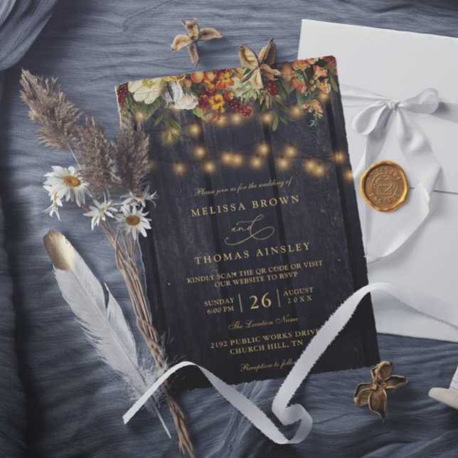 Convite Casamento código qr madeira do celeiro floral rúst (Criador carregado)