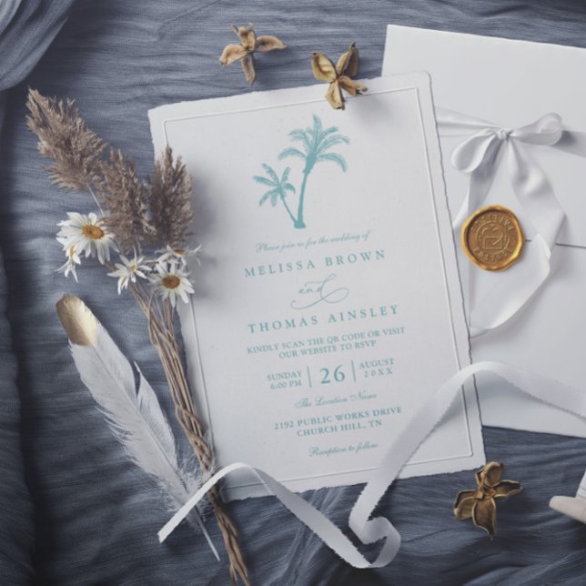 Convite Casamento Código QR Mar Palmeira Praia Tropical (Criador carregado)