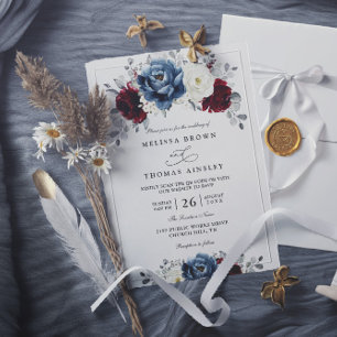 Convite Casamento Código QR Marfim Branco Borgonha Azul Fl