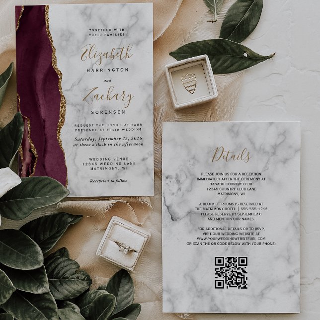 Convite Casamento Código QR Mármore Ágata Dourada Borgonha (Criador carregado)