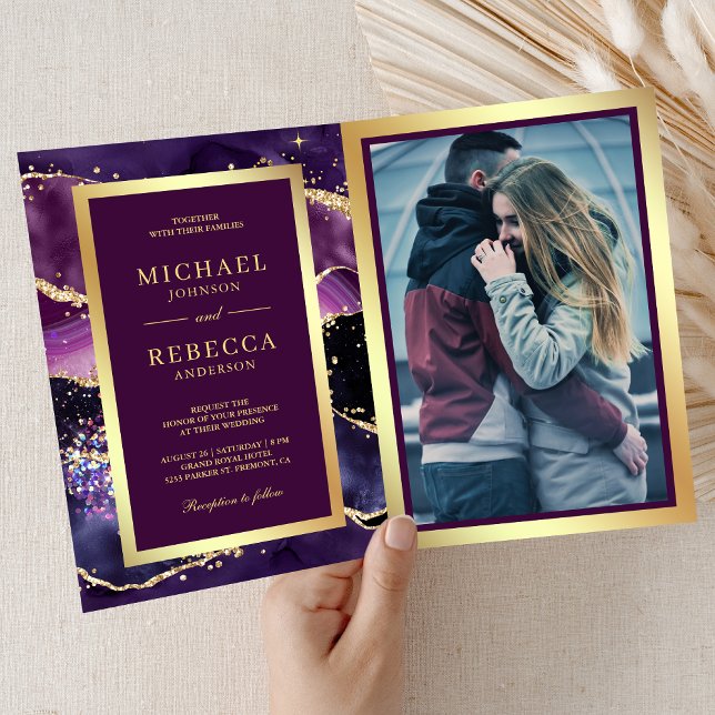 Convite Casamento Código QR Mármore Ágata Dourado Roxo (Criador carregado)