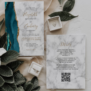 Convite Casamento Código QR Mármore Ágata Dourado Verde Te