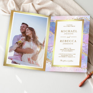 Convite Casamento Código QR Mármore Ágata Rosa Lavanda Dou