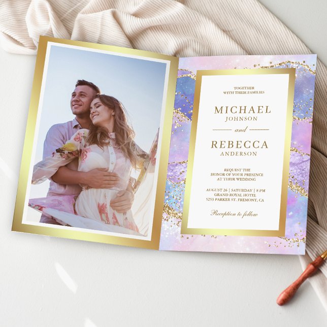 Convite Casamento Código QR Mármore Ágata Rosa Lavanda Dou (Criador carregado)