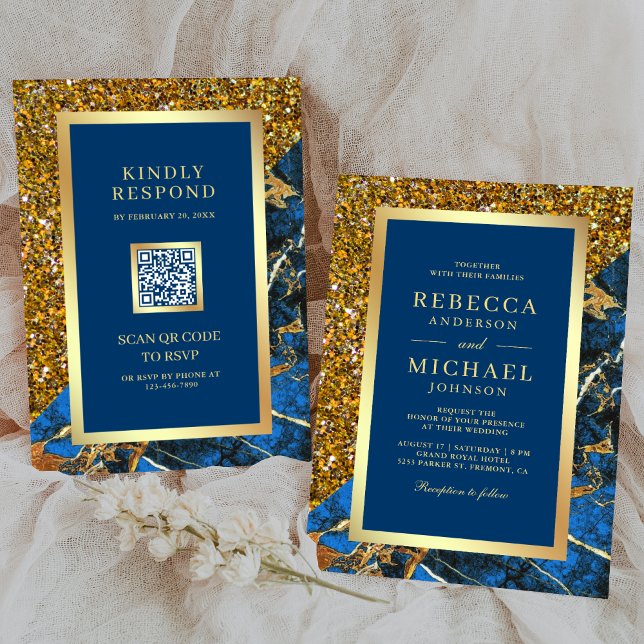 Convite Casamento Código QR Mármore Azul Real Dourado (Criador carregado)