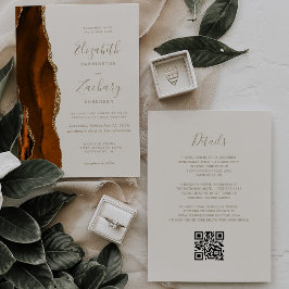 Convite Casamento Código QR Marrom Laranja Dourado Ágata M