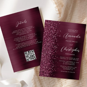 Convite Casamento Código QR Metal Escovado Glam Burgundy