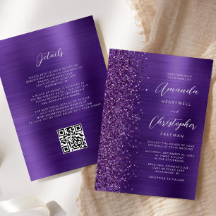 Convite Casamento Código QR Metal Escovado Glam Purple