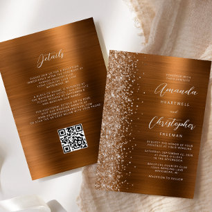 Convite Casamento Código QR Metal Escovado Laranja Queimad
