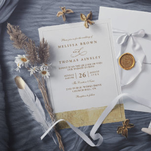 Convite Casamento Código QR Minimalista Dourado com Banho