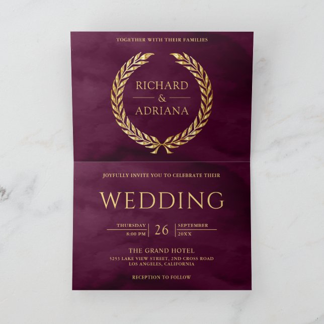 Convite Casamento Código QR Mínimo Ouro de Ameixa Laurel (Interior)
