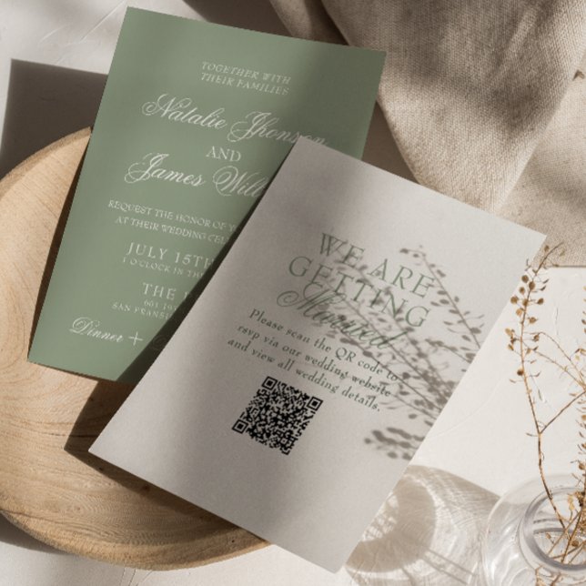 Convite Casamento Código QR Moderno Boho Verde Salvia Eleg (Criador carregado)