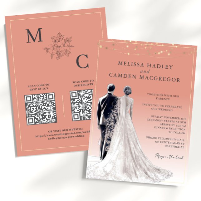Convite Casamento Código QR Moderno Elegante Coral Deserto (Criador carregado)