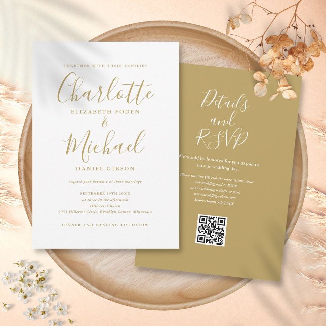 Convite Casamento Código QR Moderno Elegante Dourado (Gold Elegant Modern Script QR Code Wedding Invitation)