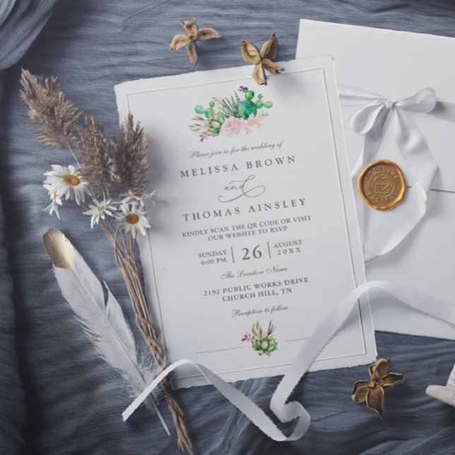 Convite Casamento Código QR Moderno Elegante Rosa Cacto Rú (Criador carregado)