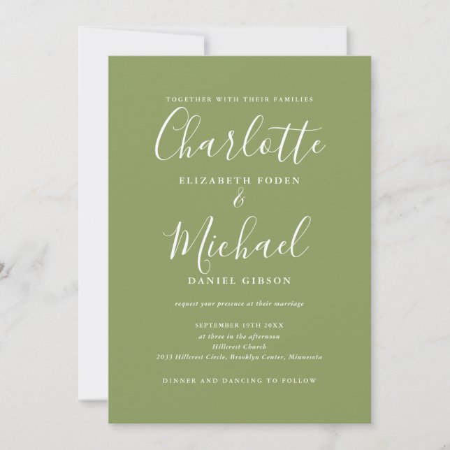Convite Casamento Código QR Moderno Elegante Verde Musgo (Frente)