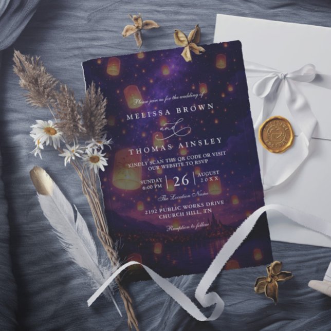 Convite Casamento Código QR Moderno Lanternas Emaranhadas  (Criador carregado)