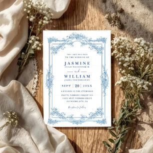 Convite Casamento Código QR Moldura Floral Azul Vintage El