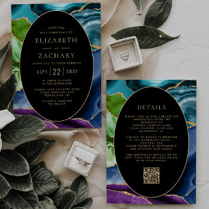 Convite Casamento Código QR Moldura Oval de Ágata Dourada
