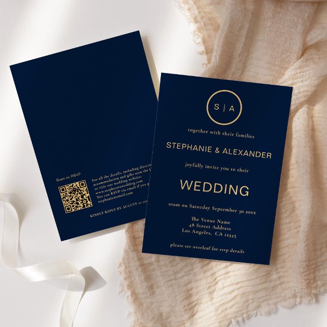 Convite Casamento Código QR Monograma Azul Navy Dourado (Criador carregado)
