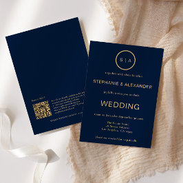 Convite Casamento Código QR Monograma Azul Navy Dourado co