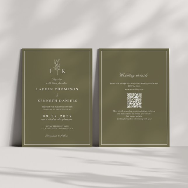Convite Casamento Código QR Monograma Folha Verde Oliva (Criador carregado)