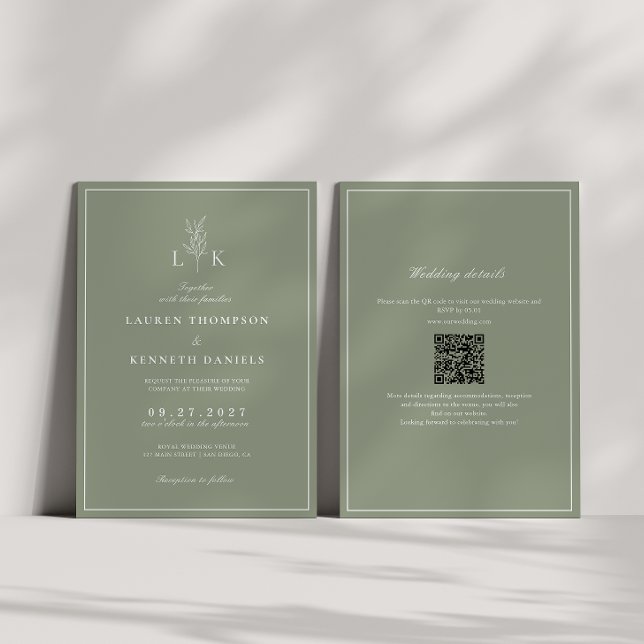 Convite Casamento Código QR Monograma Folha Verde Salvia (Criador carregado)