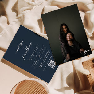 Convite Casamento Código QR Monograma Foto Azul Marinho Mo
