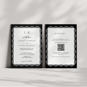 Convite Casamento Código QR Monograma Moldura de Renda Pre