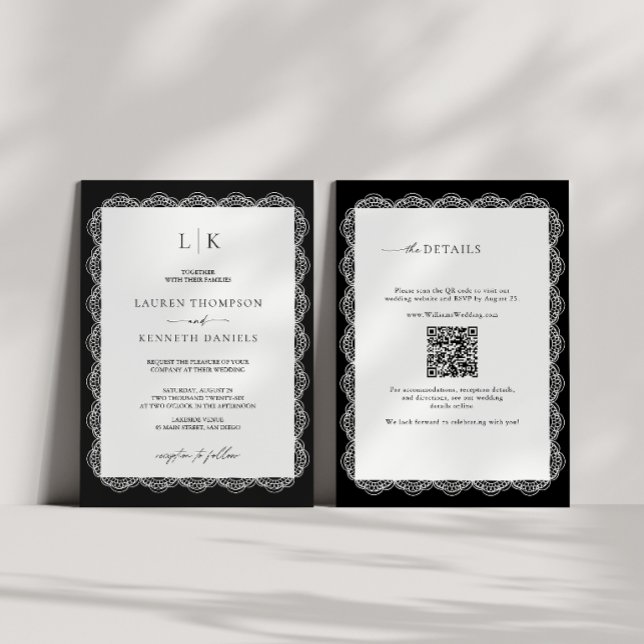 Convite Casamento Código QR Monograma Moldura de Renda Pre (Criador carregado)