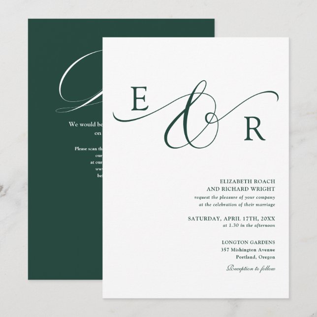 Convite Casamento Código QR Monograma Verde Esmeralda Eleg (Frente/Verso)