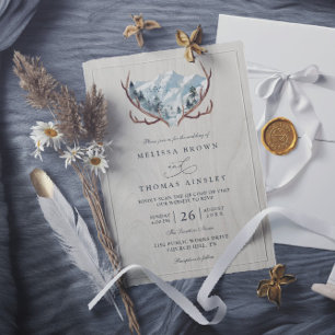 Convite Casamento Código QR Montanha Chifres Madeira Rústi