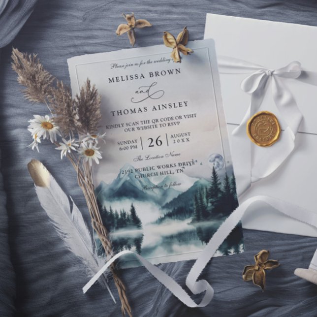 Convite Casamento Código QR Montanhas Pine Aguarela Temper (Criador carregado)