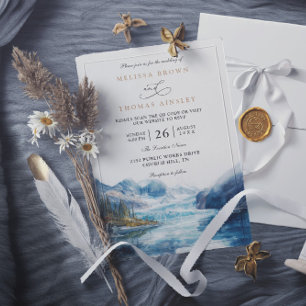 Convite Casamento Código QR Montanhas Rústicas Lago Montan