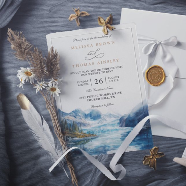 Convite Casamento Código QR Montanhas Rústicas Lago Montan (Criador carregado)