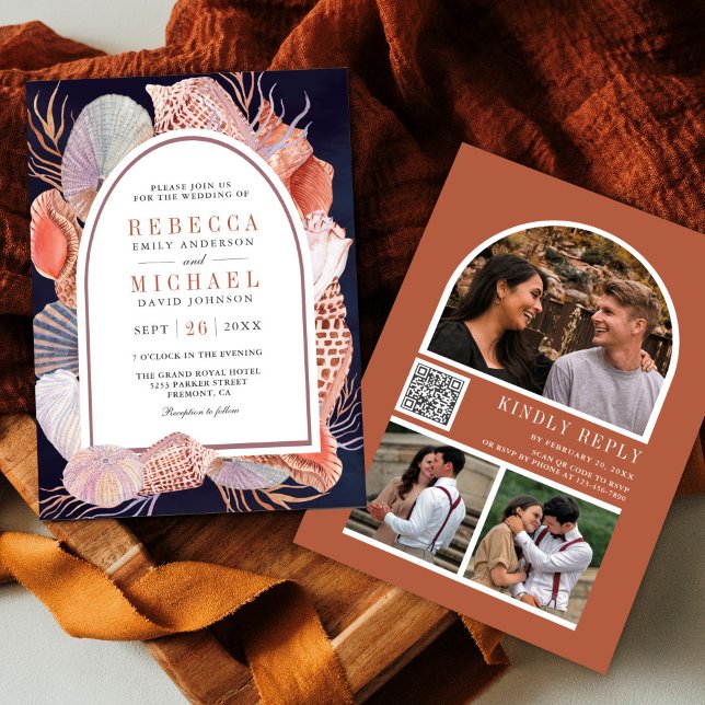 Convite Casamento Código QR Náutico Azul Marinho Conchas R (Criador carregado)