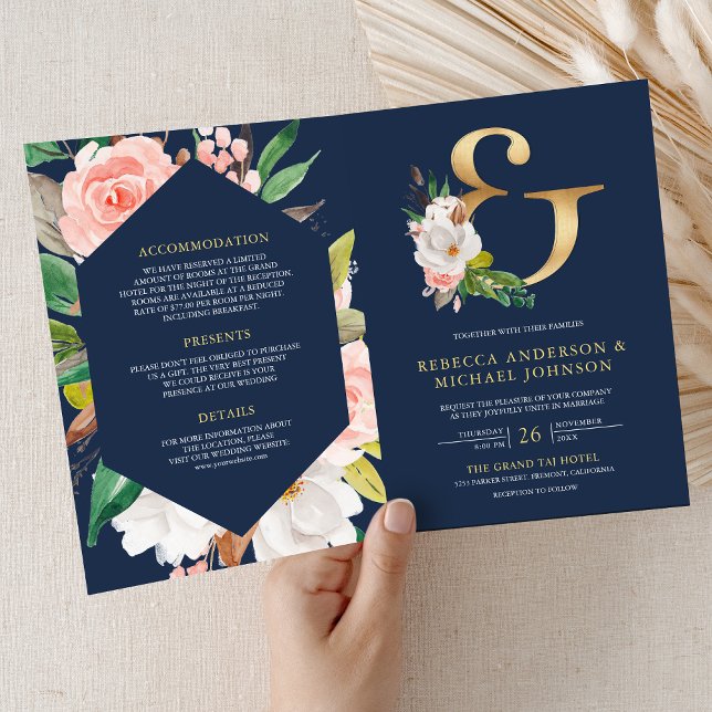 Convite Casamento Código QR Naval Ampersand Floral Rosa Ru (Criador carregado)