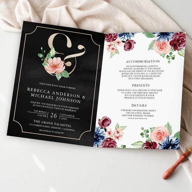 Convite Casamento Código QR Naval Borgonha Floral Preto (Criador carregado)