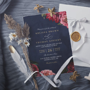 Convite Casamento Código QR Naval Floral Peônias Clássicas