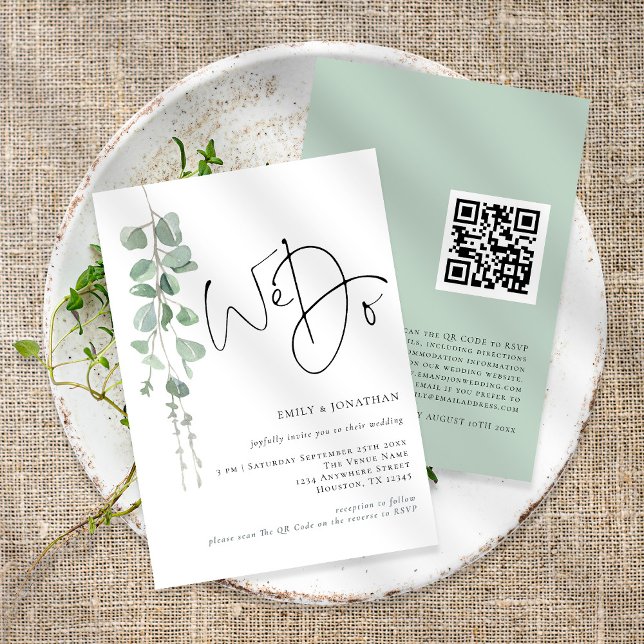 Convite Casamento Código QR Nós Fazemos Eucalipto Moderno (Front and back view)