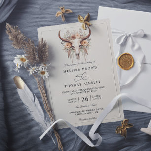 Convite Casamento Código QR Ocidental Caveira de Vaca Flor