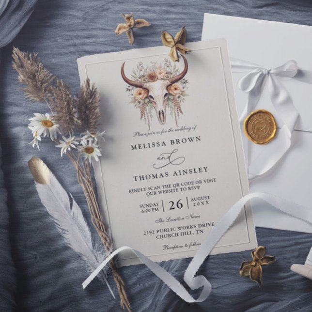 Convite Casamento Código QR Ocidental Caveira de Vaca Flor (Criador carregado)