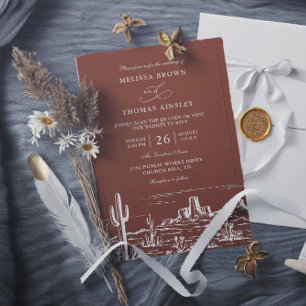 Convite Casamento Código QR Ocidental Terracota Boho Minim