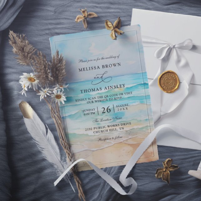 Convite Casamento Código QR Orçamento Aquarela Na Praia (Criador carregado)