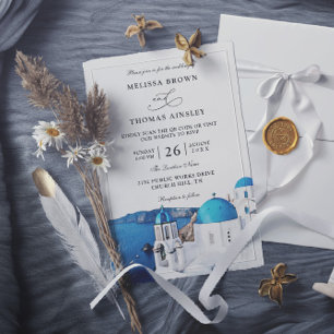 Convite Casamento Código QR Orçamento Aquarela Santorini G
