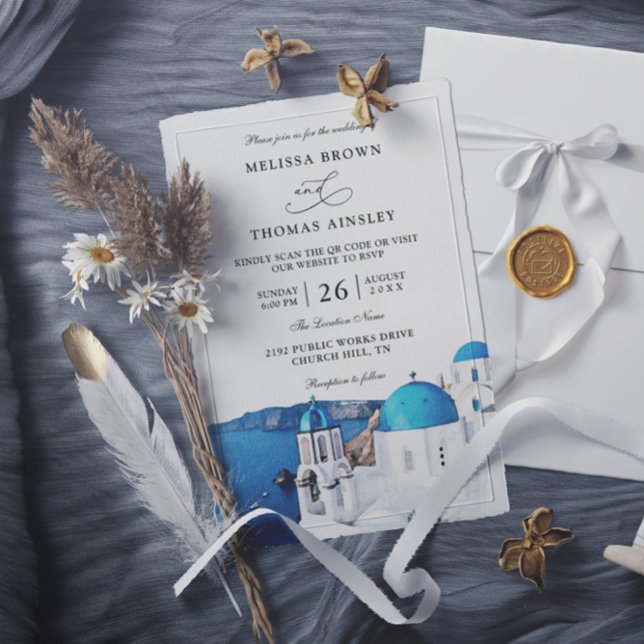 Convite Casamento Código QR Orçamento Aquarela Santorini G (Criador carregado)