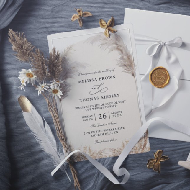 Convite Casamento Código QR Orçamento Boho Floral Pampas E (Criador carregado)