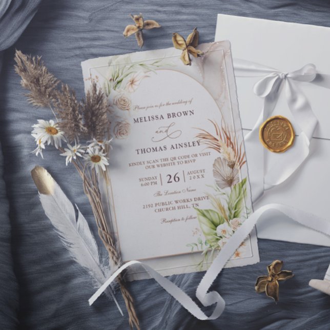Convite Casamento Código QR Orçamento Boho Flores Pampas (Criador carregado)